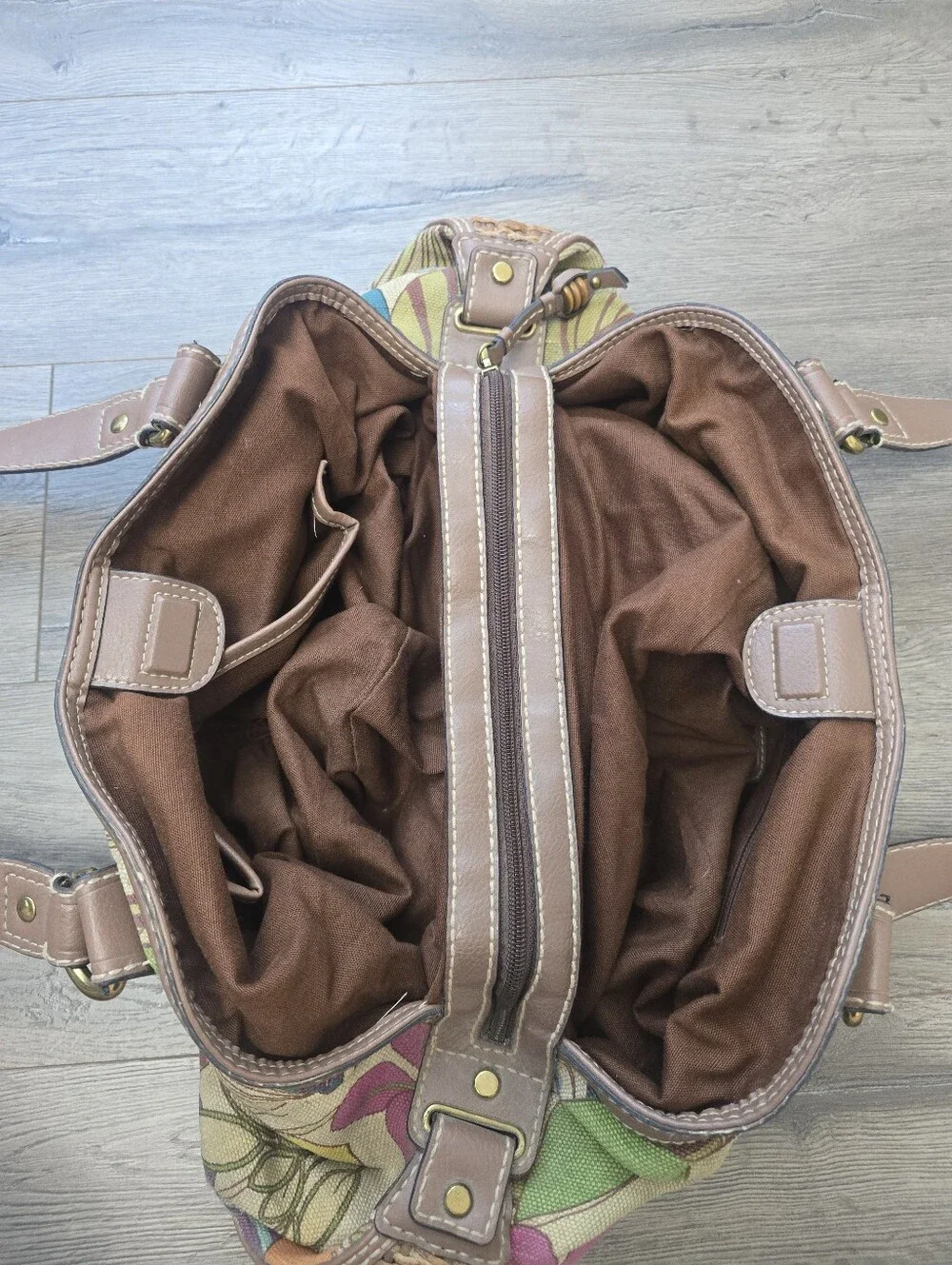 Fossil Key-Per Floral Canvas Hobo Shoulder Bag Brown Leather Trim